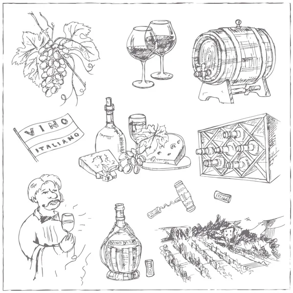 Serie di disegni di vino. Schizzi. Disegno a mano . — Vettoriale Stock