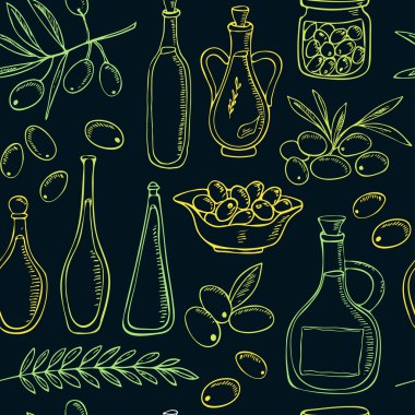 Ağaç dalı ve yağ şişesi ile zeytin kroki dikişsiz desen.