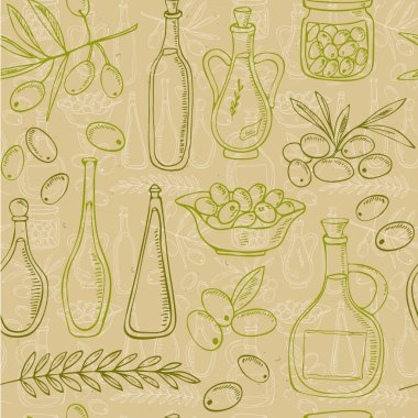 Ağaç dalı ve yağ şişesi ile zeytin kroki dikişsiz desen.