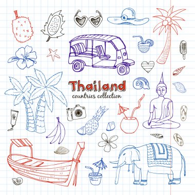 Elle çizilmiş doodle Tayland seyahat seti.