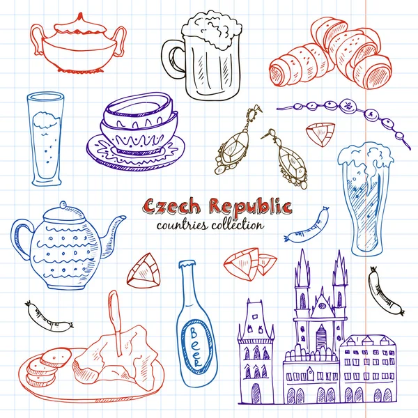 Set perjalanan Republik Ceko yang digambar dengan tangan . - Stok Vektor