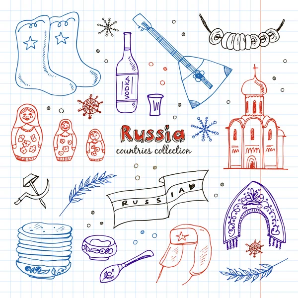 Elle çizilmiş doodle Rusya seyahat seti. — Stok Vektör