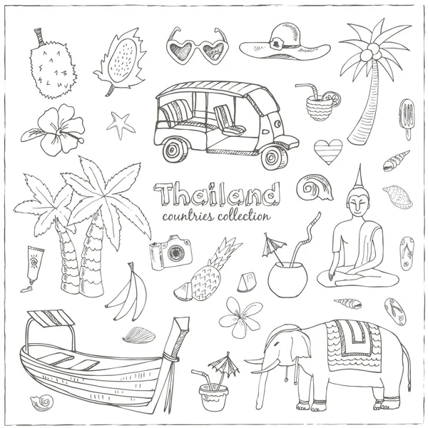 Handritad doodle Thailand travel set. — Stock vektor