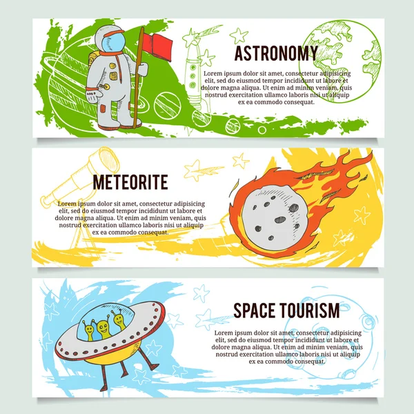 Bannery téma prostor s plochou astronomické symboly Planet, raketa, hvězdy, dalekohled. — Stockový vektor