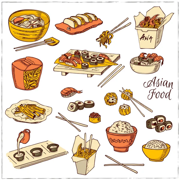 Comida asiática. Conjunto de iconos de comida china decorativa . — Vector de stock