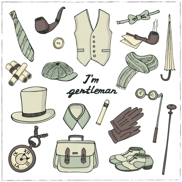 Gentlemans vintage tillbehör doodle set. — Stock vektor