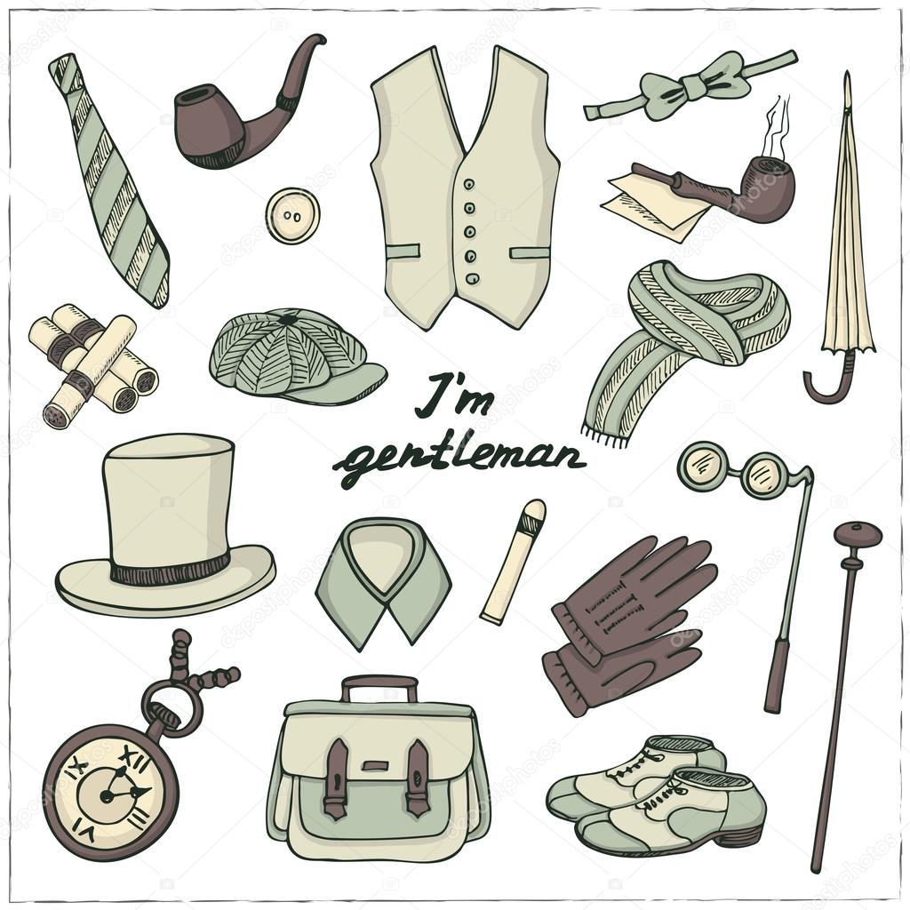 Gentleman vintage accessories doodle set. Sketches. Hand-drawing. Vector illustration of for design and packages product.