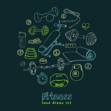 Fitness vücut geliştirme diyet ve sağlık kroki simgeler kümesi