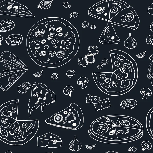 Modèle sans couture dessiné à la main vectorielavec pizza . — Image vectorielle