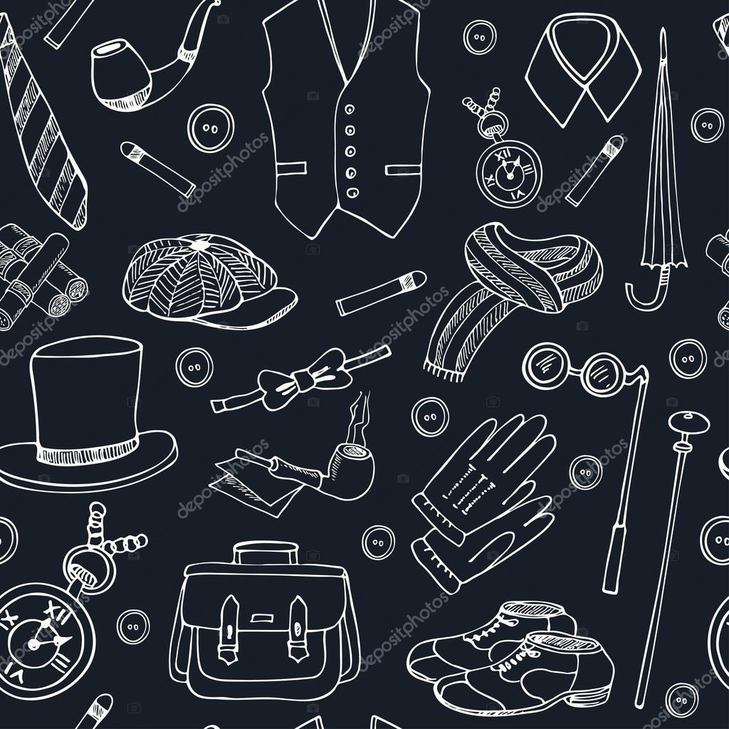 Gentleman vintage accessories doodle seamless pattern Sketches. Hand-drawing. Vector illustration of for design and packages product.