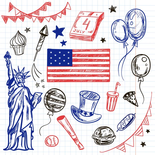 Mutlu anma günü Amerikan temalı doodle seti — Stok Vektör