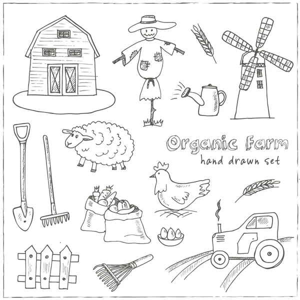 Set de iconos decorativos dibujados a mano granja orgánica — Vector de stock
