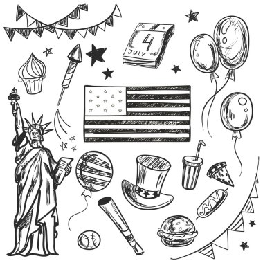 Mutlu anma günü Amerikan temalı doodle seti.