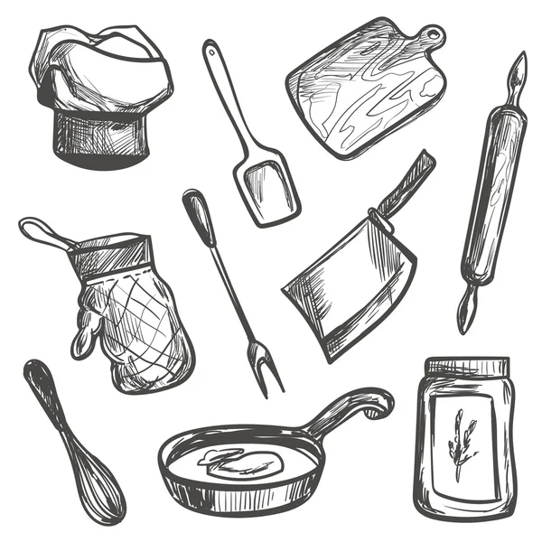 Set de objetos de cocina dibujados a mano — Archivo Imágenes Vectoriales