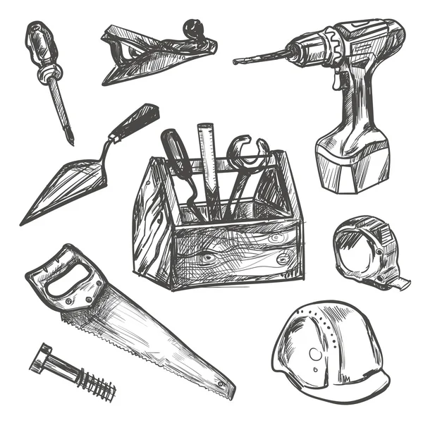Juego de herramientas de construcción dibujadas a mano . — Archivo Imágenes Vectoriales