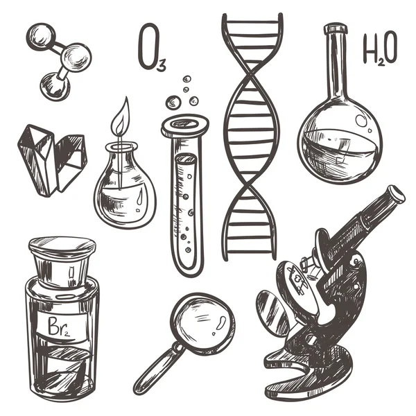 Hand getrokken wetenschap mooie vintage Lab icons sketch set. Vector illustratie. — Stockvector