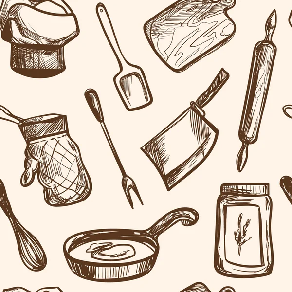 Dikişsiz desen el çizilmiş mutfak nesneleri — Stok Vektör