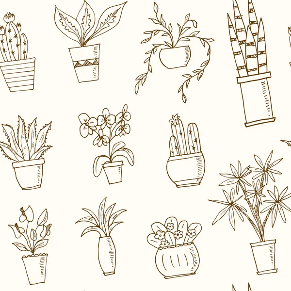 Plantas patrón sin costura en una olla dibujado a mano dibujo de garabatos ilustración — Vector de stock