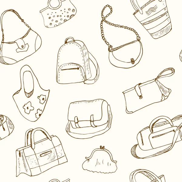 Dibujo dibujado a mano de garabatos ilustración bolsas de patrón sin costura - equipaje para viajar, maleta, caso, bolso , — Vector de stock
