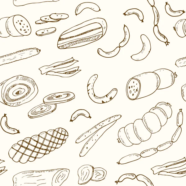 香肠无缝图案。手绘矢量插图。餐厅菜单或食品包装设计的食物图标. — 图库矢量图片