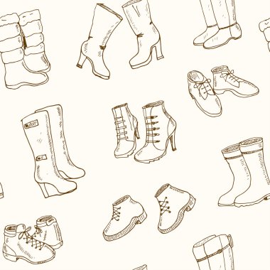 Kadın sonbahar ve Kış Ayakkabı, bot set vektör Illustration. seamless modeli