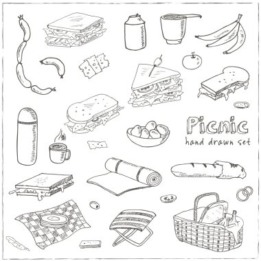 Yaz piknik seti doodle. 