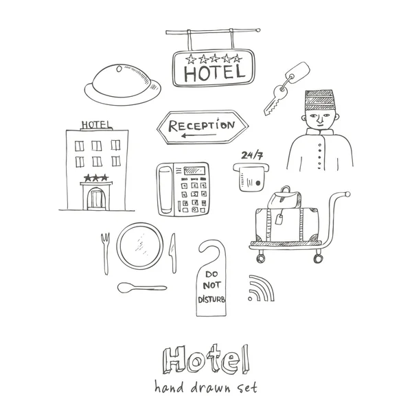 Hotel set doodle σκίτσο — Διανυσματικό Αρχείο