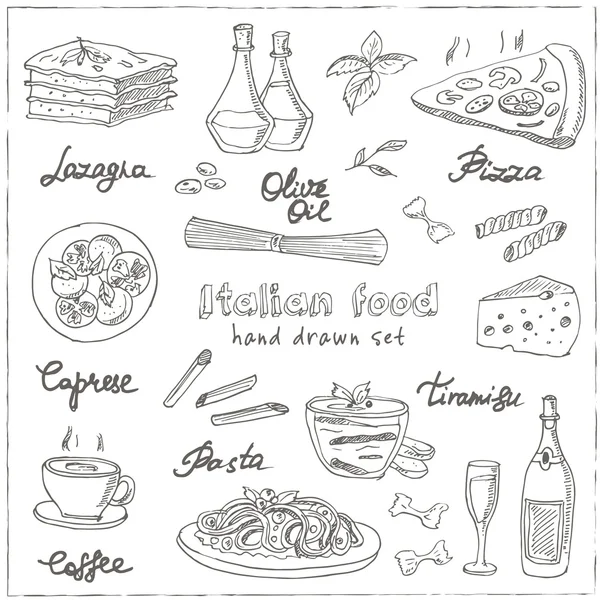 Ensemble vectoriel dessiné à la main avec de la nourriture italienne. Illustration vintage — Image vectorielle
