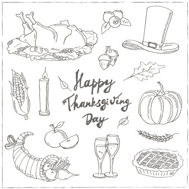 Mutlu Şükran günü. El çizilmiş tatil tasarım öğeleri ayarla izole
