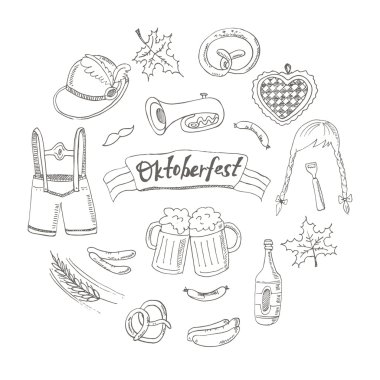 Ekim Festivali doodle küme. Vintage illüstrasyon