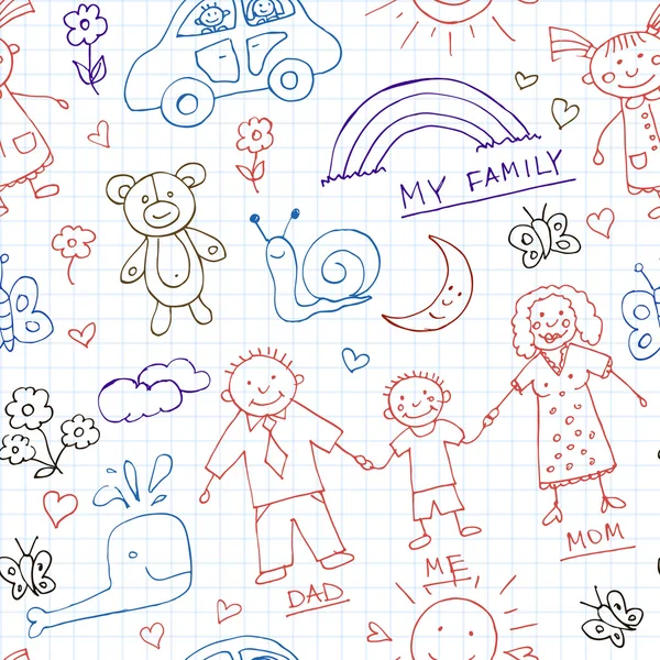 Çocuk çizimleri doodle seamless modeli. Vintage gösterim amacıyla kimlik — Stok Vektör