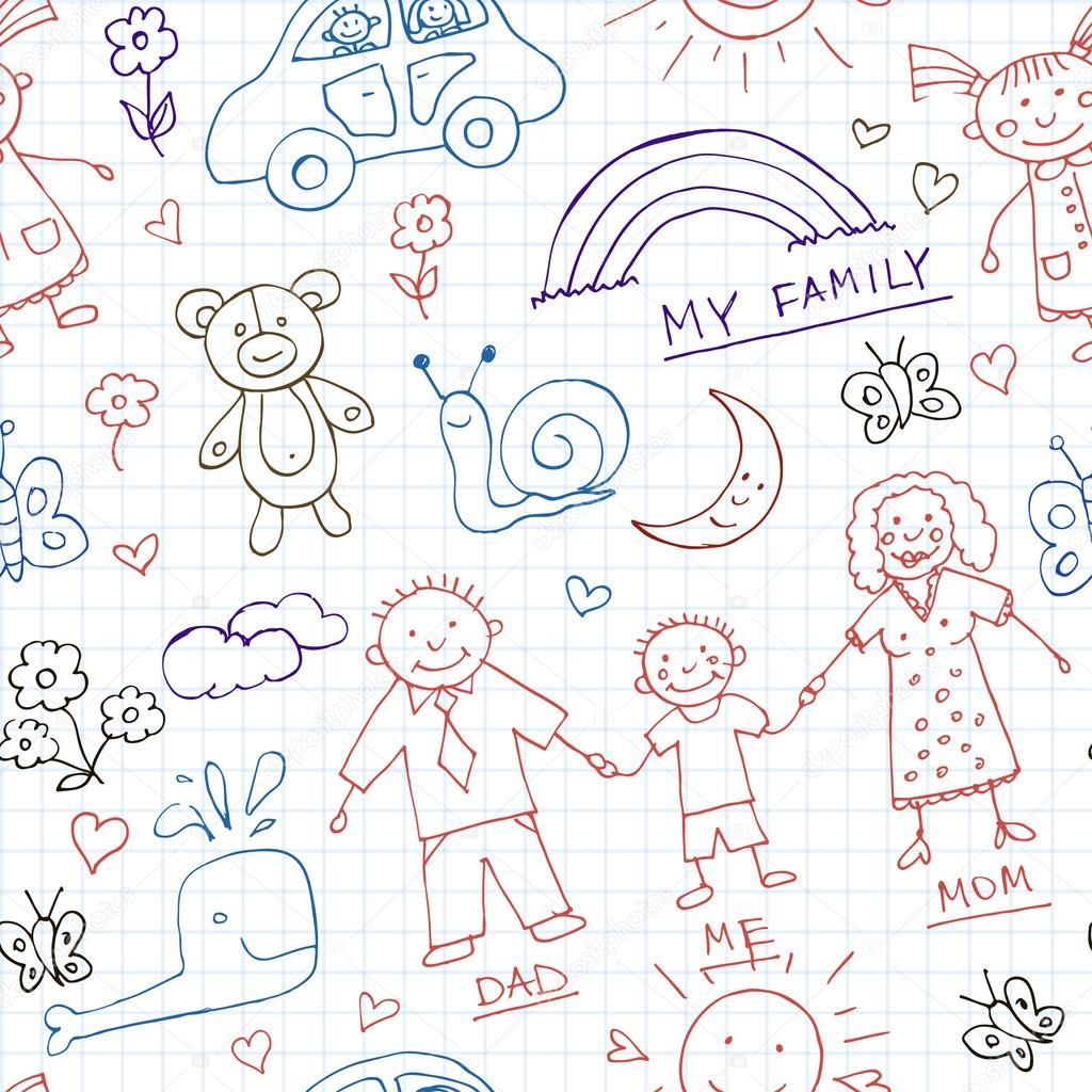 Kids Drawings doodle seamless pattern. Vintage illustration for identity