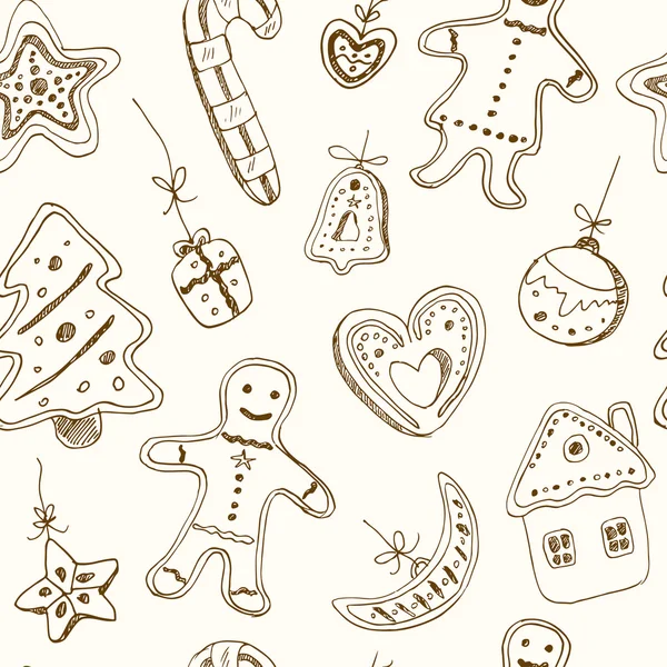 Doodle Christmas cookies seamless pattern. Vintage illustration for identity, design, decoration, packages product and interior decorating — Stock Vector