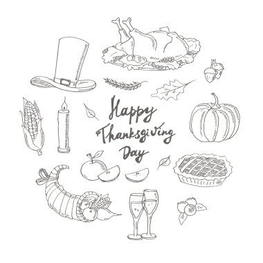 Mutlu Şükran günü. El çizilmiş tatil tasarım öğeleri ayarla izole
