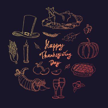 Mutlu Şükran günü. El çizilmiş tatil tasarım öğeleri ayarla izole