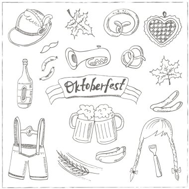 Ekim Festivali doodle küme. Vintage illüstrasyon