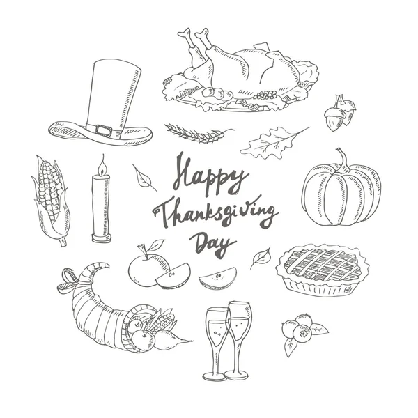 Happy Thanksgiving Day. Hand getekend vakantie ontwerp geïsoleerde elementen instellen — Stockvector