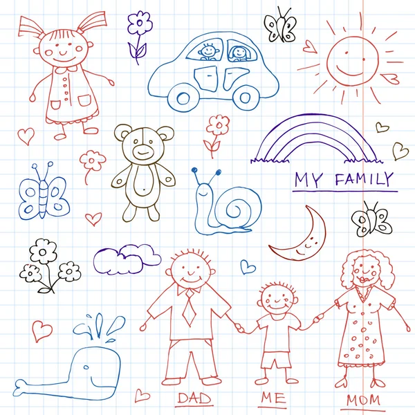 A gyerekek rajzai doodle készlet. Az identitás Vintage szemléltetése — Stock Vector