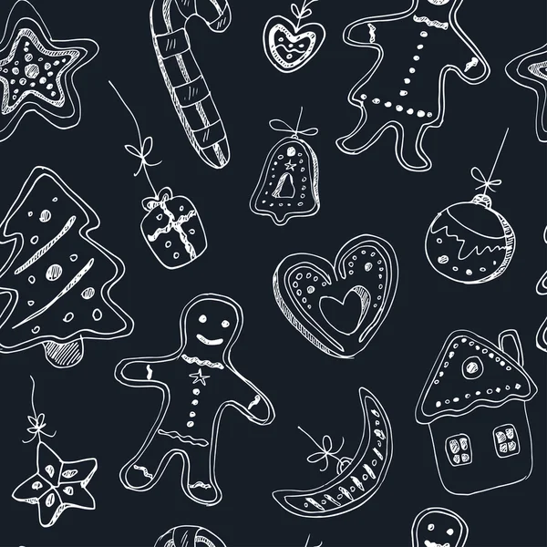 Doodle χριστουγεννιάτικα μπισκότα χωρίς ραφή πρότυπο. Vintage εικονογράφηση για ταυτότητα, σχεδίαση, διακόσμηση, πακέτα προϊόντων και εσωτερική διακόσμηση — Διανυσματικό Αρχείο