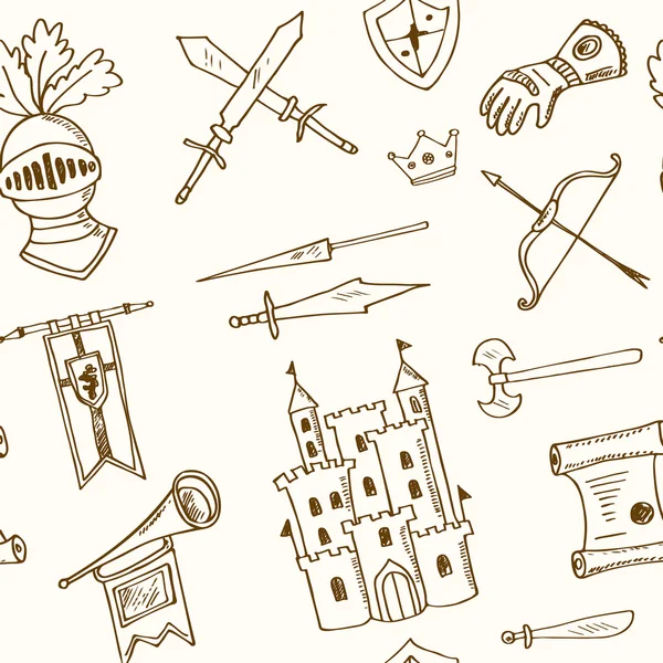 Schets ridder symbolen en elementen naadloze patroon — Stockvector