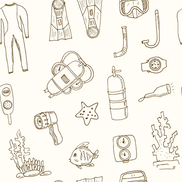 Doodle patrón sin costuras de herramientas de buceo Ilustración Vintage — Archivo Imágenes Vectoriales