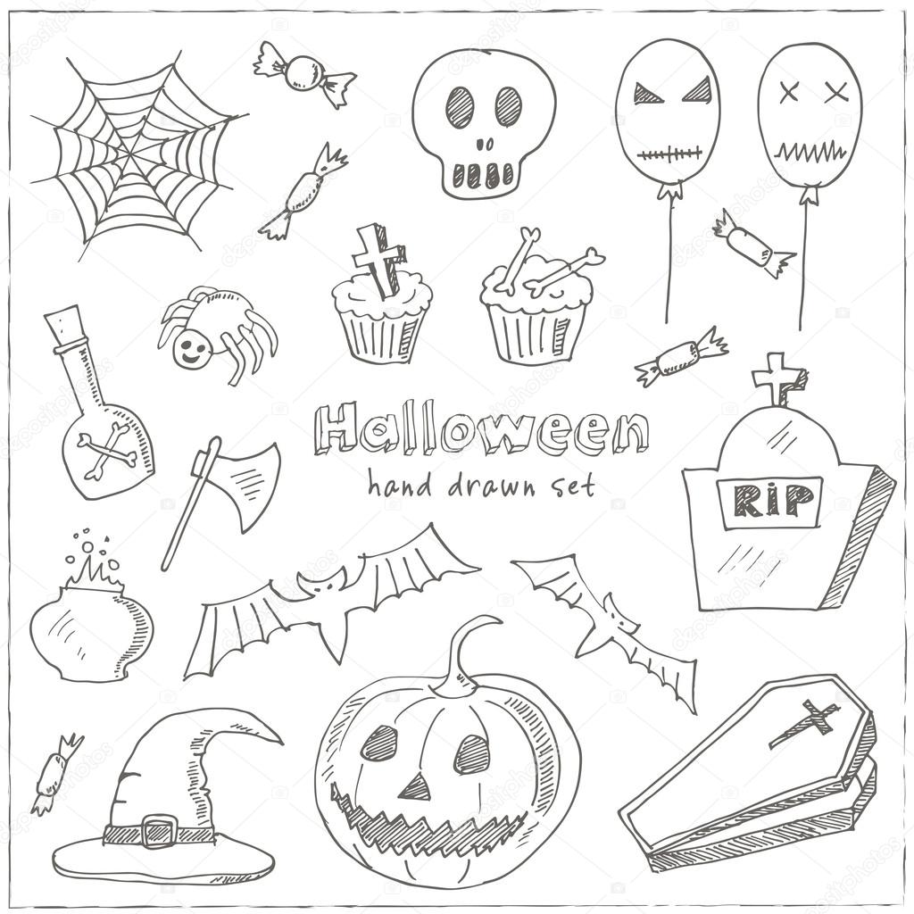 Happy Halloween Trick or Treat Doodles. Hand Drawn Holiday Design