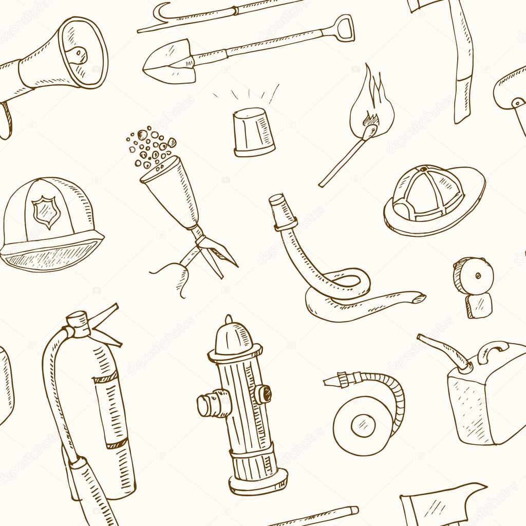 Doodle fire fighting tools seamless pattern Vintage illustration