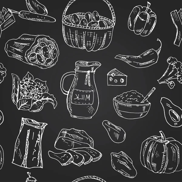 Farm market Menu doodle iconen naadloos patroon Vector illustratie op krijtbord — Stockvector