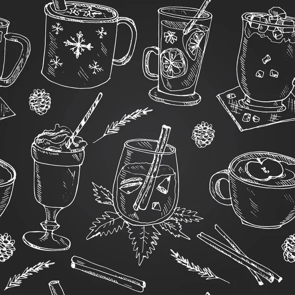 Χριστούγεννα ζεστά ροφήματα Διάνυσμα αδιάλειπτη μοτίβο με τα τρόφιμα και τα ποτά χέρι που doodles. — Διανυσματικό Αρχείο