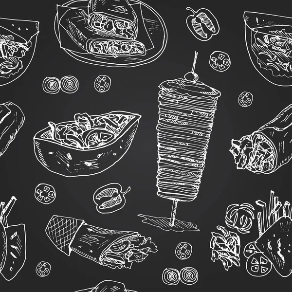 Donner kebeb 요리법 Menu doodle seamless pattern Vector illustration on chalkboard — 스톡 벡터