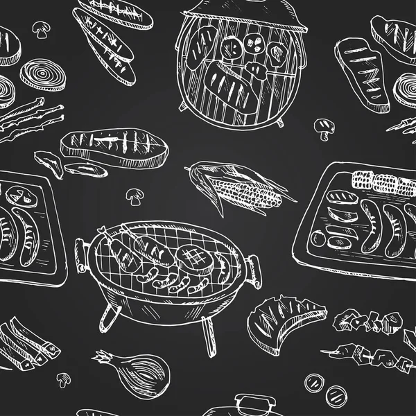 Grill cuisine Menu doodle iconen Vector illustratie op schoolbord — Stockvector