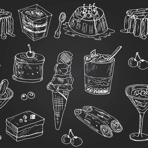 Italiaans dessert Vector naadloos patroon met eten en drinken handgetekende doodles. — Stockvector