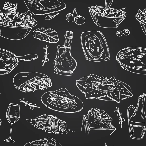 Ελληνική κουζίνα Διάνυσμα αδιάλειπτη μοτίβο με φαγητό και ποτό χειροποίητα doodles. — Διανυσματικό Αρχείο