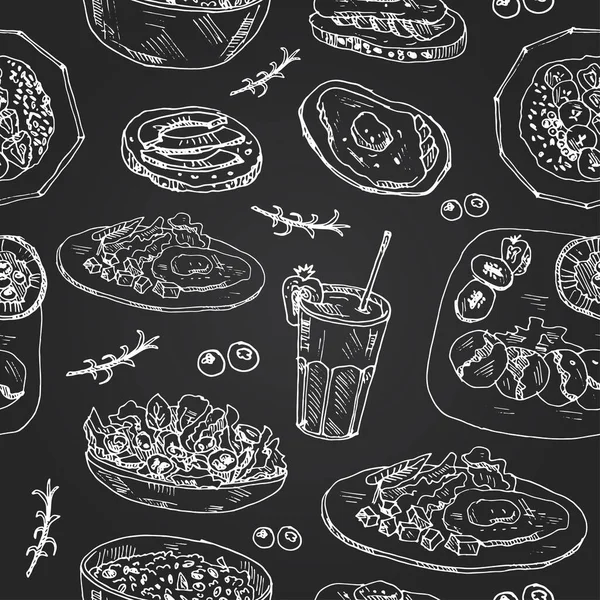 Fitness ontbijt Vector naadloos patroon met eten en drinken handgetekende doodles. — Stockvector
